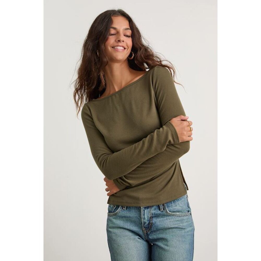 Lulus Mehra Olive Green Boat Neck Side Slit Long Sleeve Top - Size M